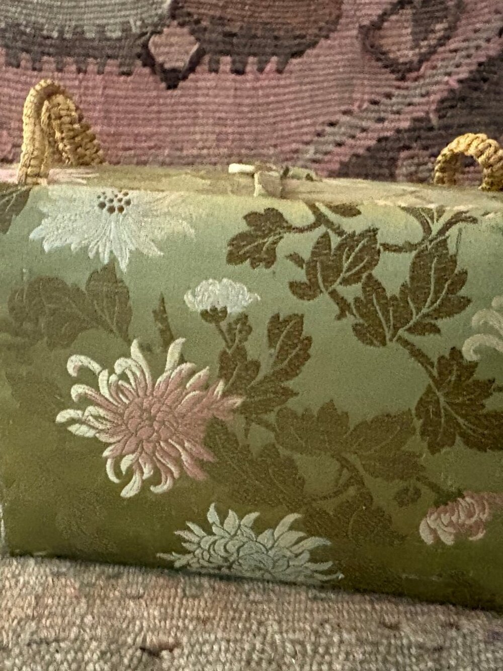 Vintage Green Floral Brocade Box Purse Handbag w Mirror - Picture 3 of 7